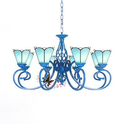 Tiffany Glass Petal Chandelier with Adjustable Chain and Curved Arm in Blue/White