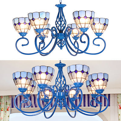 Blue Bowl Pendant Chandelier - 6/8 Lights, Mediterranean Style for Living Room