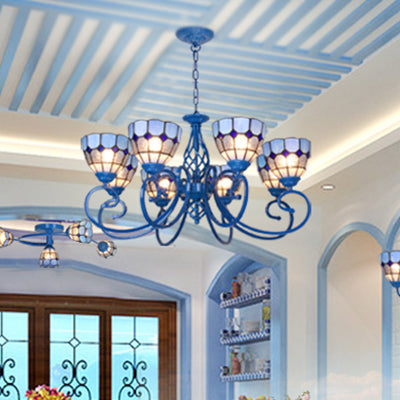 Blue Bowl Pendant Chandelier - 6/8 Lights, Mediterranean Style for Living Room