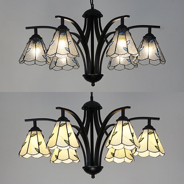 Lustre rustique en vitrail avec motif de feuille en vert/bleu - Luminaire suspendu conique à 6 lumières en finition noire