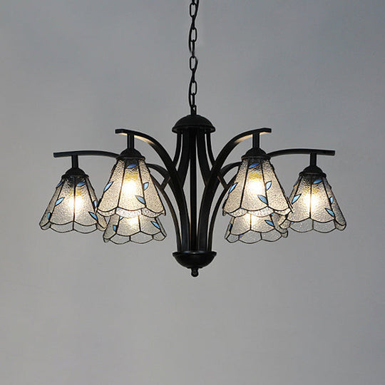 Lustre rustique en vitrail avec motif de feuille en vert/bleu - Luminaire suspendu conique à 6 lumières en finition noire