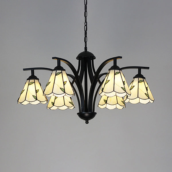 Lustre rustique en vitrail avec motif de feuille en vert/bleu - Luminaire suspendu conique à 6 lumières en finition noire