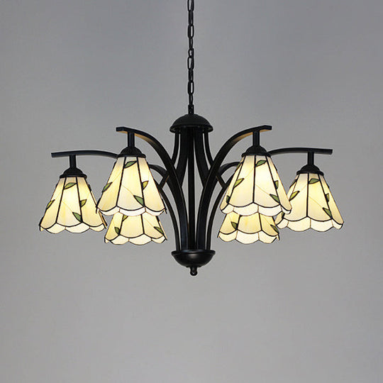 Lustre rustique en vitrail avec motif de feuille en vert/bleu - Luminaire suspendu conique à 6 lumières en finition noire