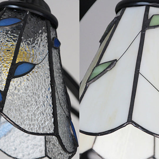 Rustic Stained Glass Chandelier - Cone Hanging Light With Leaf Design In Green/Blue Black Finish (6