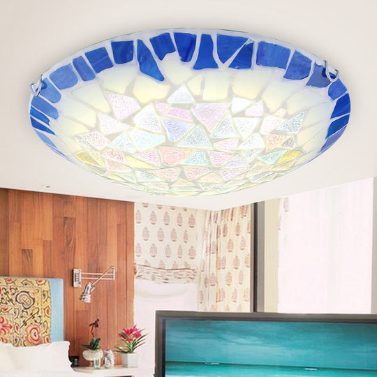 Baroque Stained Glass Bowl Flushmount Light - Blue 12"/16"/19.5" Wide, 3 Lights