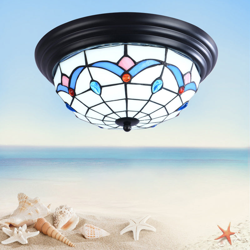 11"/15" Tiffany Cut Glass Flush Ceiling Light - 3-Light Flush Mount Fixture in White - Ideal for Corridors