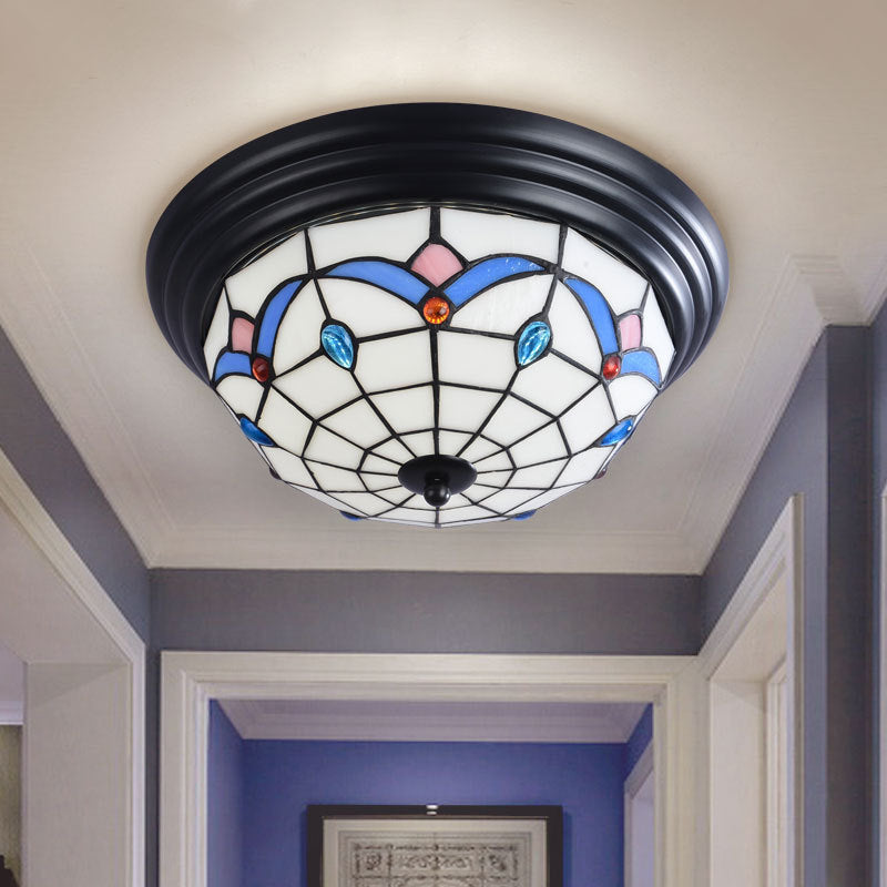 11"/15" Tiffany Cut Glass Flush Ceiling Light - 3-Light Flush Mount Fixture in White - Ideal for Corridors