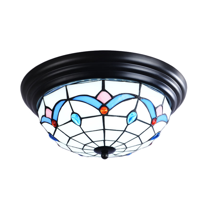 11"/15" Tiffany Cut Glass Flush Ceiling Light - 3-Light Flush Mount Fixture in White - Ideal for Corridors