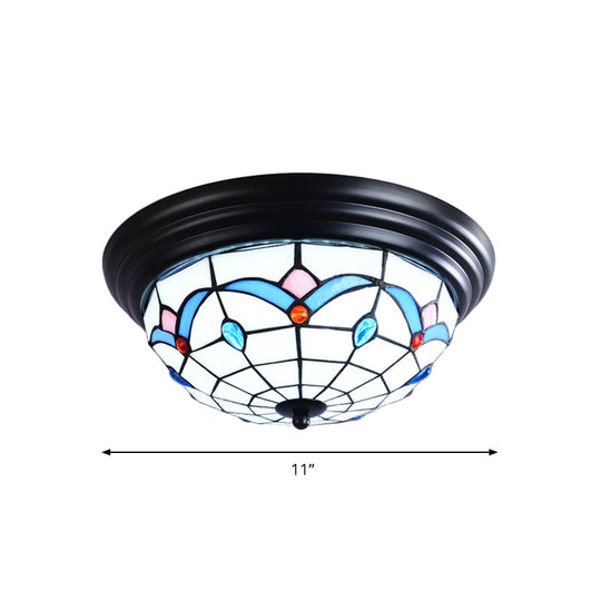 11"/15" Tiffany Cut Glass Flush Ceiling Light - 3-Light Flush Mount Fixture in White - Ideal for Corridors