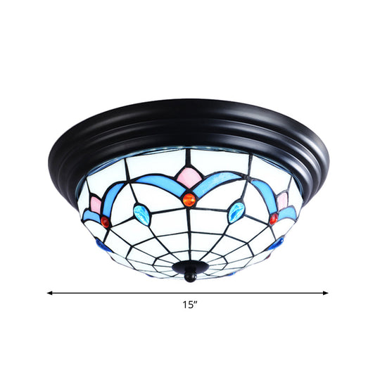 11"/15" Tiffany Cut Glass Flush Ceiling Light - 3-Light Flush Mount Fixture in White - Ideal for Corridors