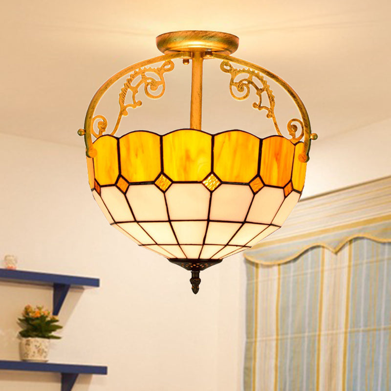 Baroque Semi Flush Mount Ceiling Light with Grid Pattern Cut Glass - 2 Lights in Yellow/Orange/Blue for Dining Room