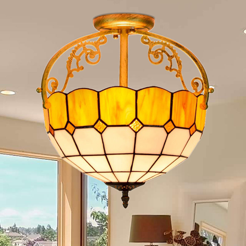 Baroque Semi Flush Mount Ceiling Light with Grid Pattern Cut Glass - 2 Lights in Yellow/Orange/Blue for Dining Room