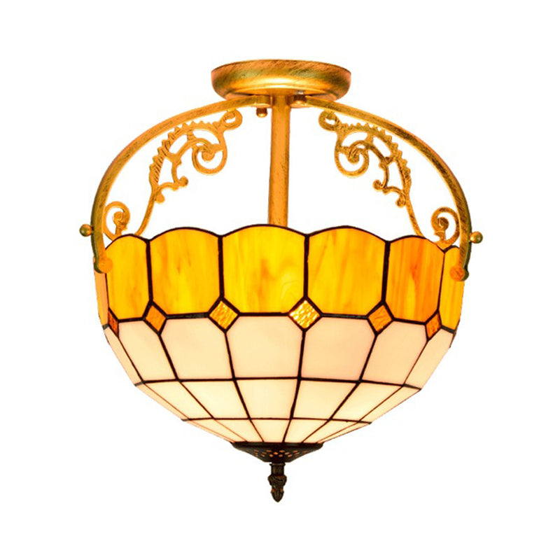 Baroque Semi Flush Mount Ceiling Light with Grid Pattern Cut Glass - 2 Lights in Yellow/Orange/Blue for Dining Room