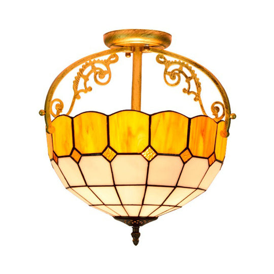 Baroque Semi Flush Mount Ceiling Light with Grid Pattern Cut Glass - 2 Lights in Yellow/Orange/Blue for Dining Room