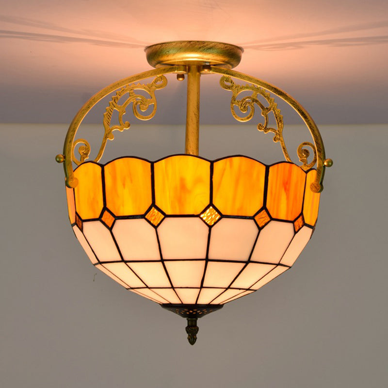 Baroque Semi Flush Mount Ceiling Light with Grid Pattern Cut Glass - 2 Lights in Yellow/Orange/Blue for Dining Room