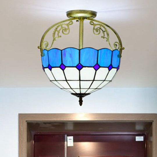 Baroque Semi Flush Mount Ceiling Light with Grid Pattern Cut Glass - 2 Lights in Yellow/Orange/Blue for Dining Room