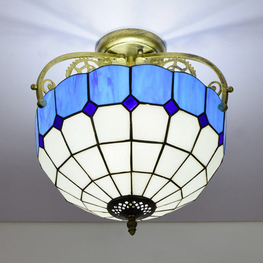 Baroque Semi Flush Mount Ceiling Light with Grid Pattern Cut Glass - 2 Lights in Yellow/Orange/Blue for Dining Room