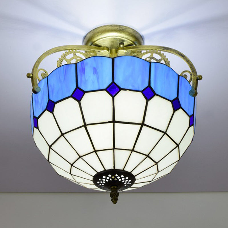 Baroque Semi Flush Mount Ceiling Light With Grid Pattern Cut Glass - 2 Lights In Yellow/Orange/Blue