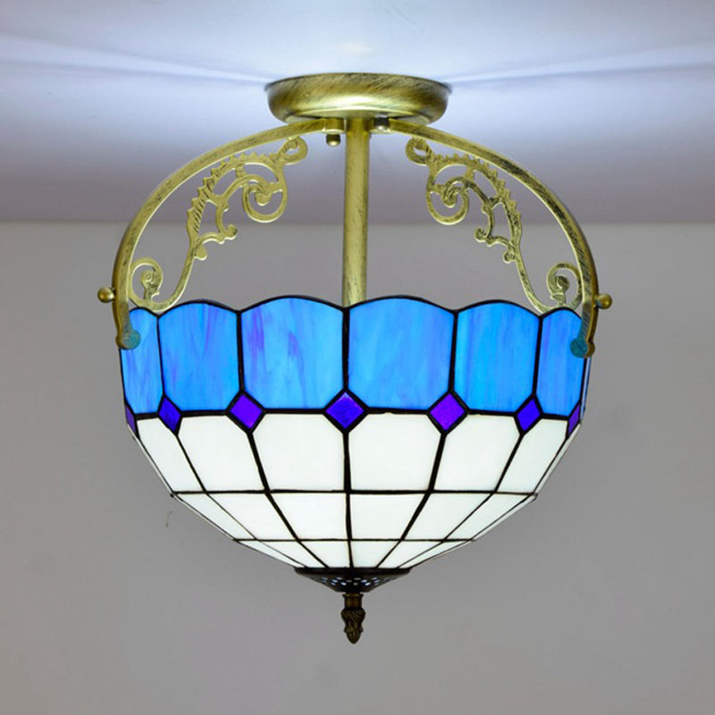 Baroque Semi Flush Mount Ceiling Light with Grid Pattern Cut Glass - 2 Lights in Yellow/Orange/Blue for Dining Room