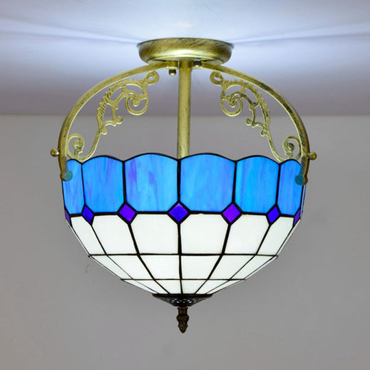 Baroque Semi Flush Mount Ceiling Light with Grid Pattern Cut Glass - 2 Lights in Yellow/Orange/Blue for Dining Room