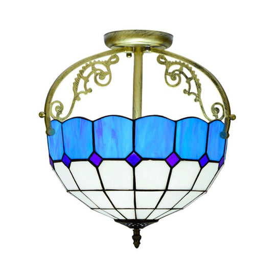 Baroque Semi Flush Mount Ceiling Light with Grid Pattern Cut Glass - 2 Lights in Yellow/Orange/Blue for Dining Room