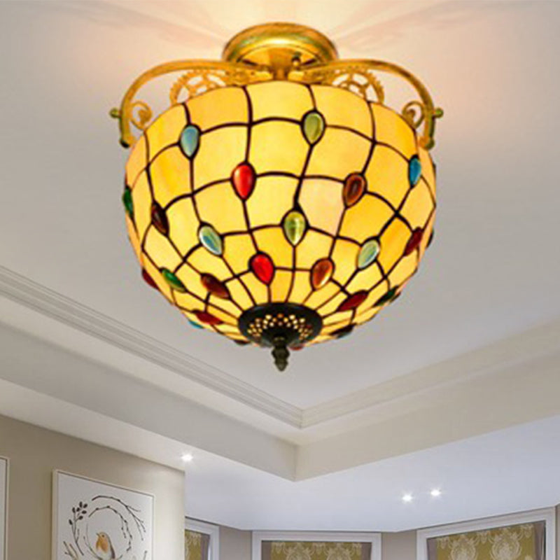 Baroque Semi Flush Mount Ceiling Light with Grid Pattern Cut Glass - 2 Lights in Yellow/Orange/Blue for Dining Room