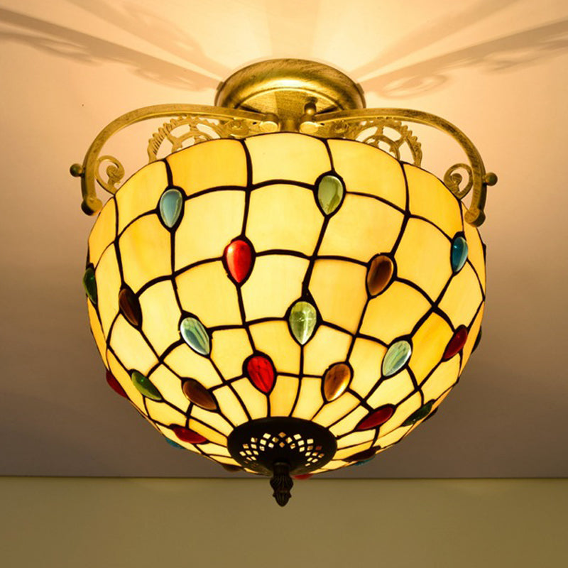 Baroque Semi Flush Mount Ceiling Light with Grid Pattern Cut Glass - 2 Lights in Yellow/Orange/Blue for Dining Room