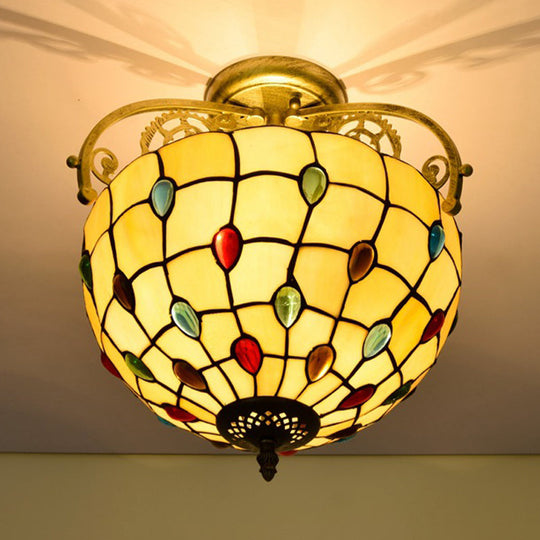 Baroque Semi Flush Mount Ceiling Light With Grid Pattern Cut Glass - 2 Lights In Yellow/Orange/Blue