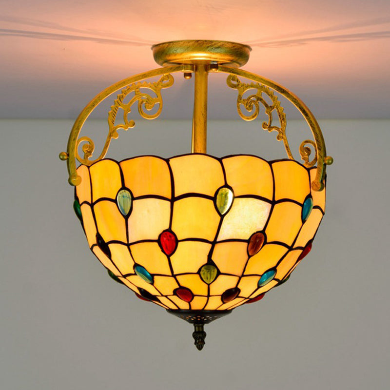 Baroque Semi Flush Mount Ceiling Light with Grid Pattern Cut Glass - 2 Lights in Yellow/Orange/Blue for Dining Room