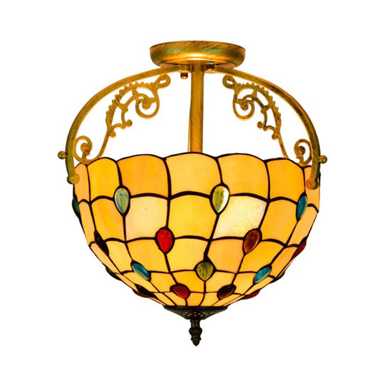 Baroque Semi Flush Mount Ceiling Light with Grid Pattern Cut Glass - 2 Lights in Yellow/Orange/Blue for Dining Room