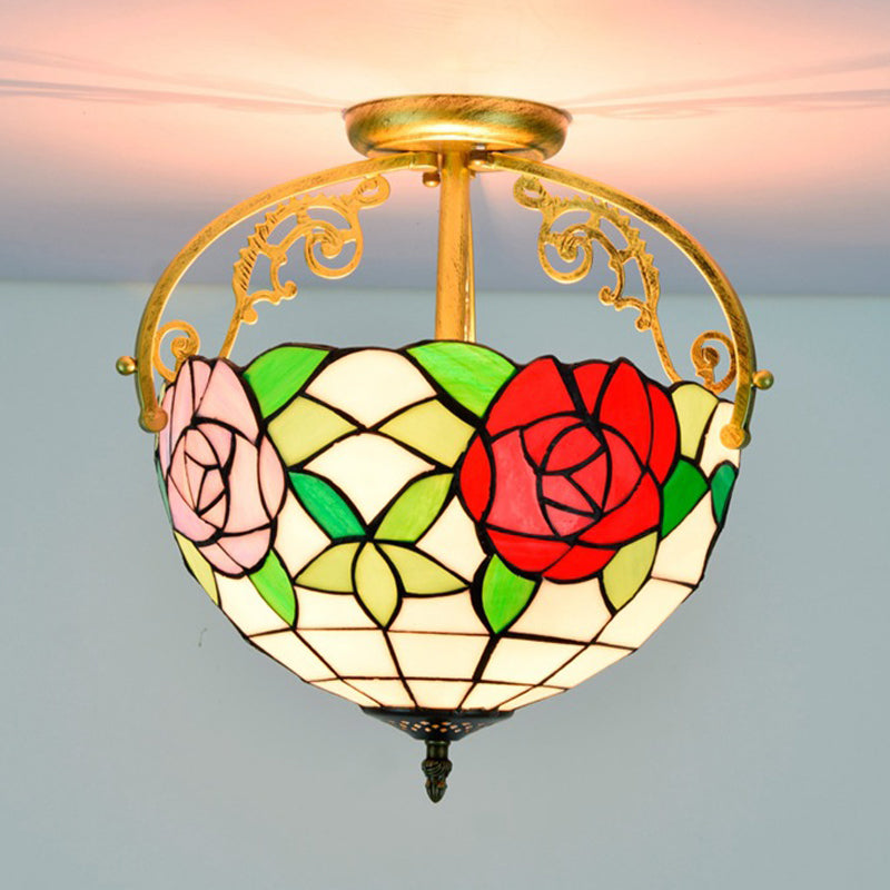 Rose Semi Flush Mount 2-Light Stained Glass Ceiling Fixture - Mediterranean Style In Red/Pink/Blue