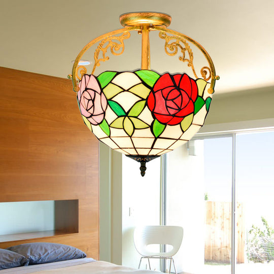 Stained Glass Rose Semi Flush Mount Lighting - Elegant 2-Light Mediterranean Ceiling Fixture in Red/Pink/Blue