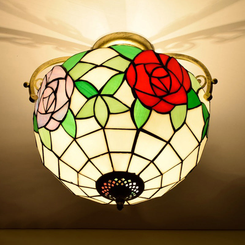 Stained Glass Rose Semi Flush Mount Lighting - Elegant 2-Light Mediterranean Ceiling Fixture in Red/Pink/Blue