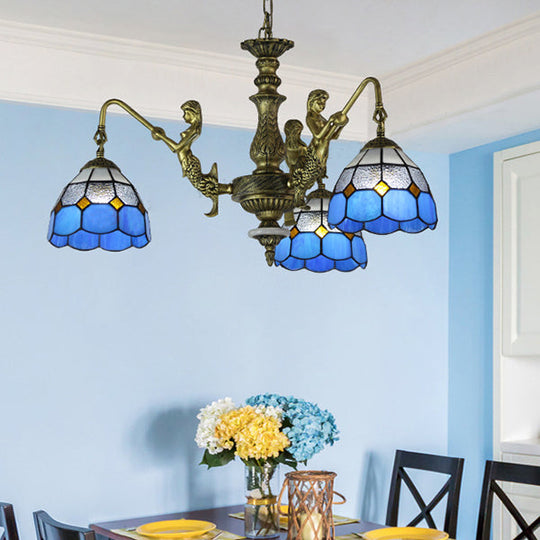 Tiffany Style 3-Light Dining Room Ceiling Lamp: White/Antique Brass Chandelier Pendant With Stained