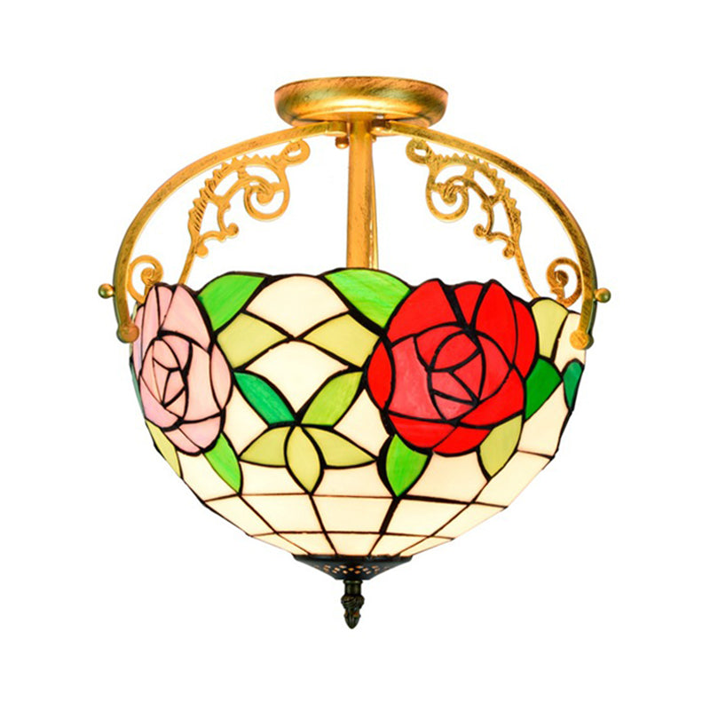 Stained Glass Rose Semi Flush Mount Lighting - Elegant 2-Light Mediterranean Ceiling Fixture in Red/Pink/Blue