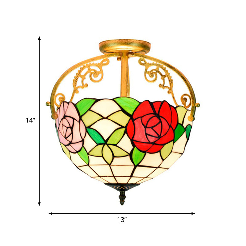 Stained Glass Rose Semi Flush Mount Lighting - Elegant 2-Light Mediterranean Ceiling Fixture in Red/Pink/Blue