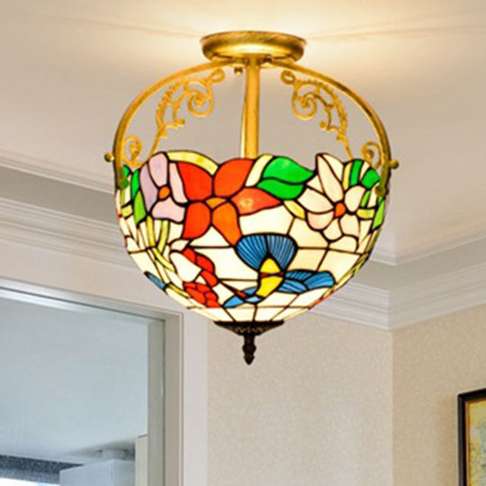 Stained Glass Rose Semi Flush Mount Lighting - Elegant 2-Light Mediterranean Ceiling Fixture in Red/Pink/Blue