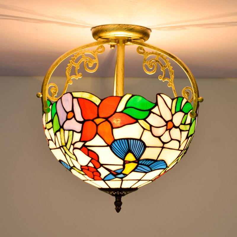 Stained Glass Rose Semi Flush Mount Lighting - Elegant 2-Light Mediterranean Ceiling Fixture in Red/Pink/Blue