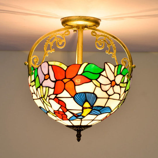 Rose Semi Flush Mount 2-Light Stained Glass Ceiling Fixture - Mediterranean Style In Red/Pink/Blue