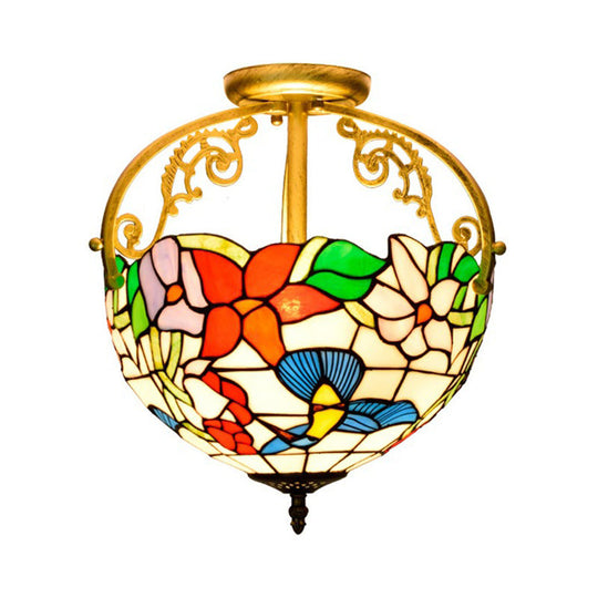 Stained Glass Rose Semi Flush Mount Lighting - Elegant 2-Light Mediterranean Ceiling Fixture in Red/Pink/Blue