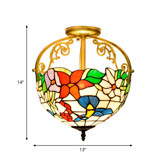 Stained Glass Rose Semi Flush Mount Lighting - Elegant 2-Light Mediterranean Ceiling Fixture in Red/Pink/Blue