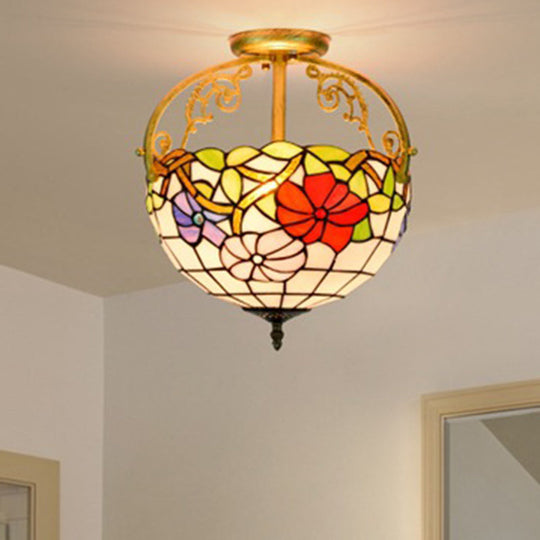 Rose Semi Flush Mount 2-Light Stained Glass Ceiling Fixture - Mediterranean Style In Red/Pink/Blue