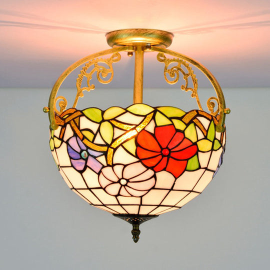 Stained Glass Rose Semi Flush Mount Lighting - Elegant 2-Light Mediterranean Ceiling Fixture in Red/Pink/Blue