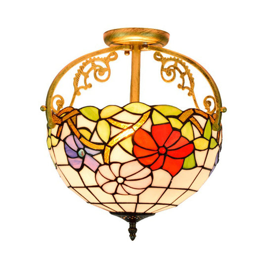 Stained Glass Rose Semi Flush Mount Lighting - Elegant 2-Light Mediterranean Ceiling Fixture in Red/Pink/Blue