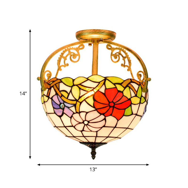 Stained Glass Rose Semi Flush Mount Lighting - Elegant 2-Light Mediterranean Ceiling Fixture in Red/Pink/Blue