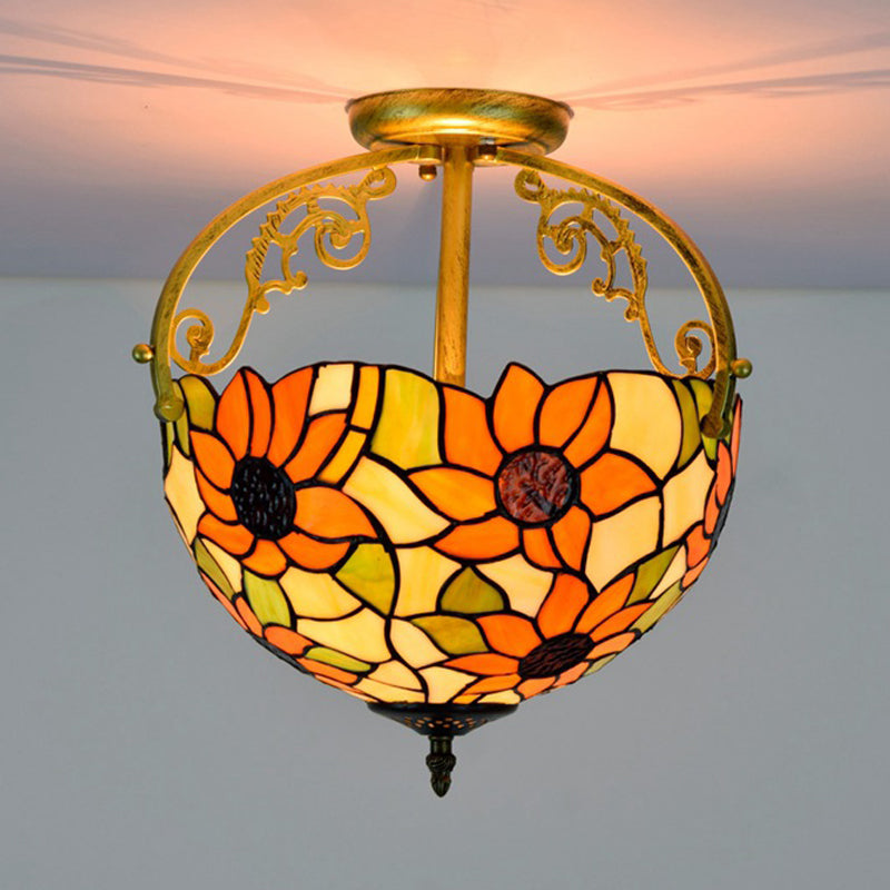 Stained Glass Rose Semi Flush Mount Lighting - Elegant 2-Light Mediterranean Ceiling Fixture in Red/Pink/Blue