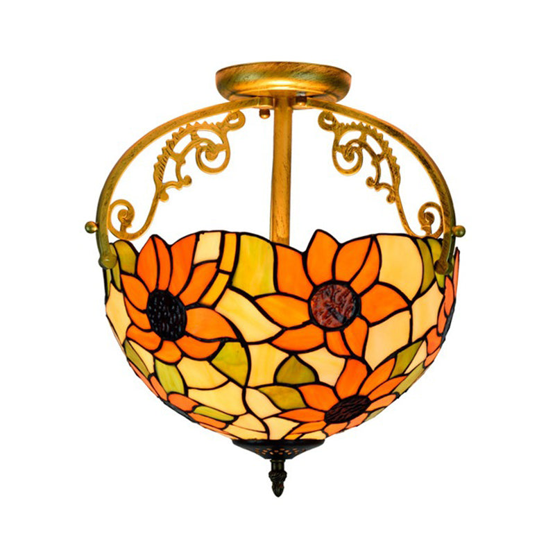 Stained Glass Rose Semi Flush Mount Lighting - Elegant 2-Light Mediterranean Ceiling Fixture in Red/Pink/Blue