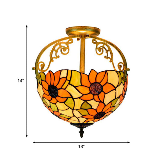 Rose Semi Flush Mount 2-Light Stained Glass Ceiling Fixture - Mediterranean Style In Red/Pink/Blue