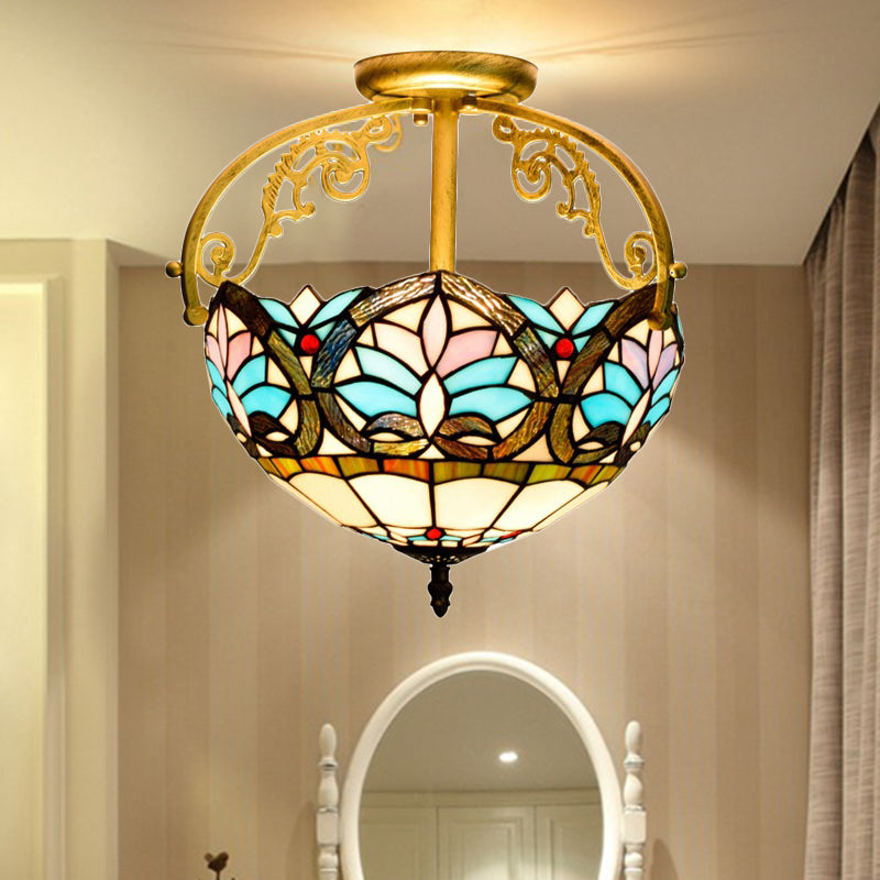 Mediterranean Petal Stained Glass Semi Flush Mount Ceiling Lamp, 2 Lights, Yellow/Brown/Blue - Ideal for Bedrooms