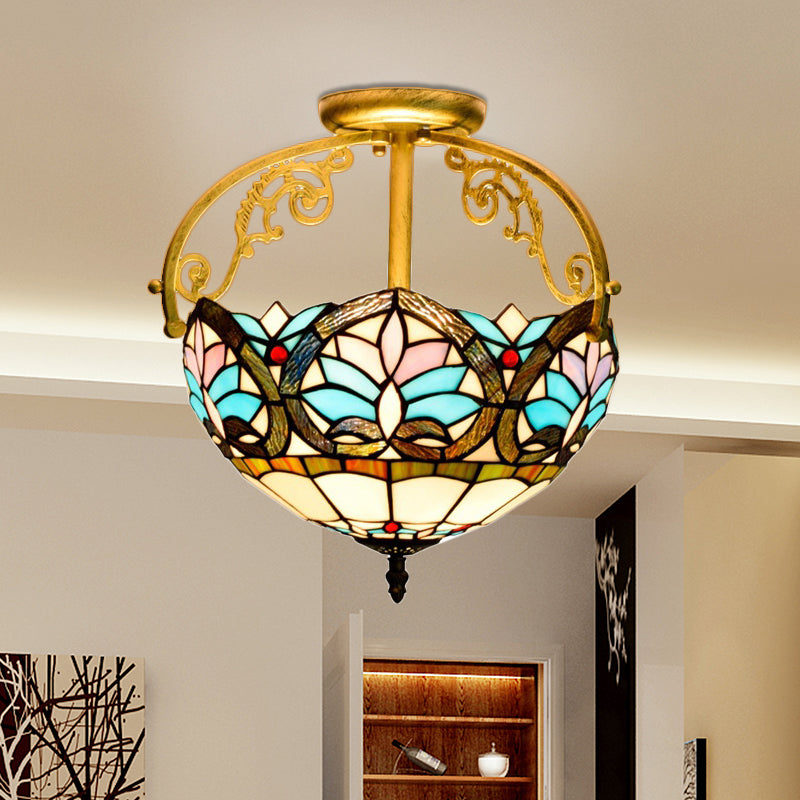 Mediterranean Petal Stained Glass Semi Flush Mount Ceiling Lamp, 2 Lights, Yellow/Brown/Blue - Ideal for Bedrooms